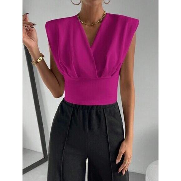Shein Dark Pink V-Neck Crop Top Sz XL Sleeveless Blouse Versatile Fashion - Picture 1 of 8